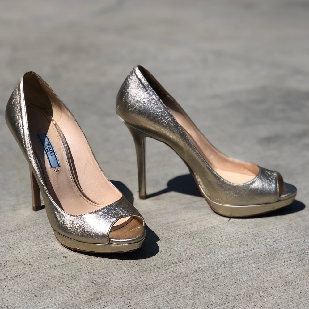 Prada gold leather peep toe pumps high heels